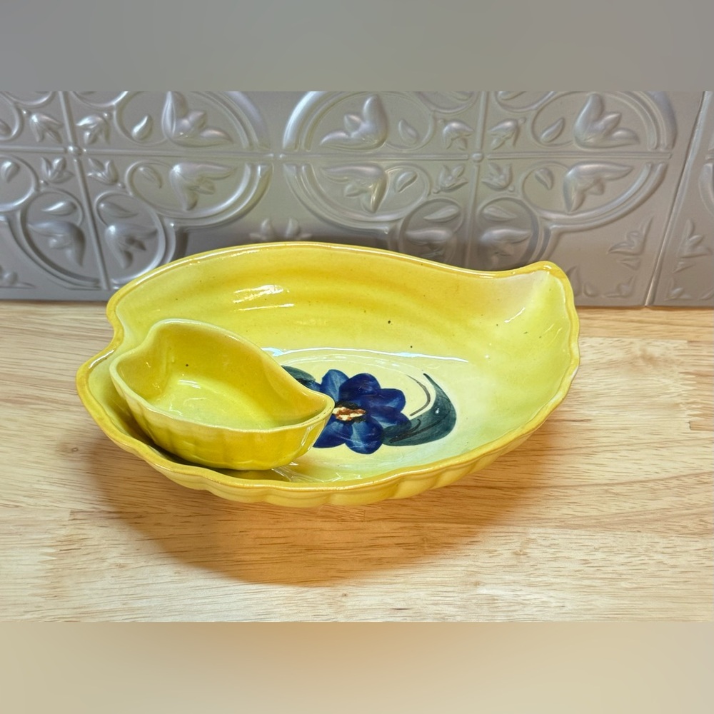 Vintage Individual Dip & Chip Bowl Yellow with a Blue Flower Ceramic Unmarked